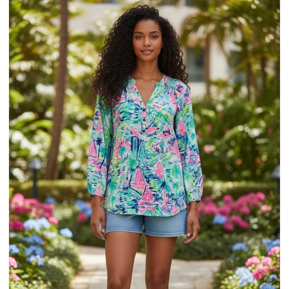 Lilly Pulitzer Elsa‎ Silk Blouse Salt  In the Air Sailboat  XXS